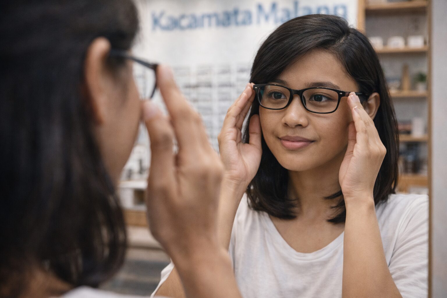 Tangan seseorang sedang membersihkan lensa kacamata dengan cairan pembersih dan lap microfiber biru di Kacamata Malang