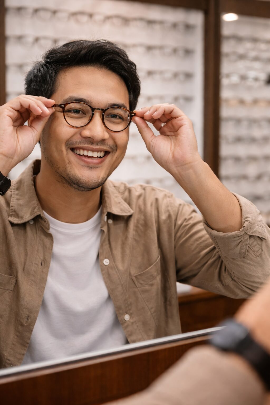 Wanita muda tersenyum memakai kacamata baru di toko Kacamata Malang yang modern namun merasa sedikit pusing saat awal adaptasi