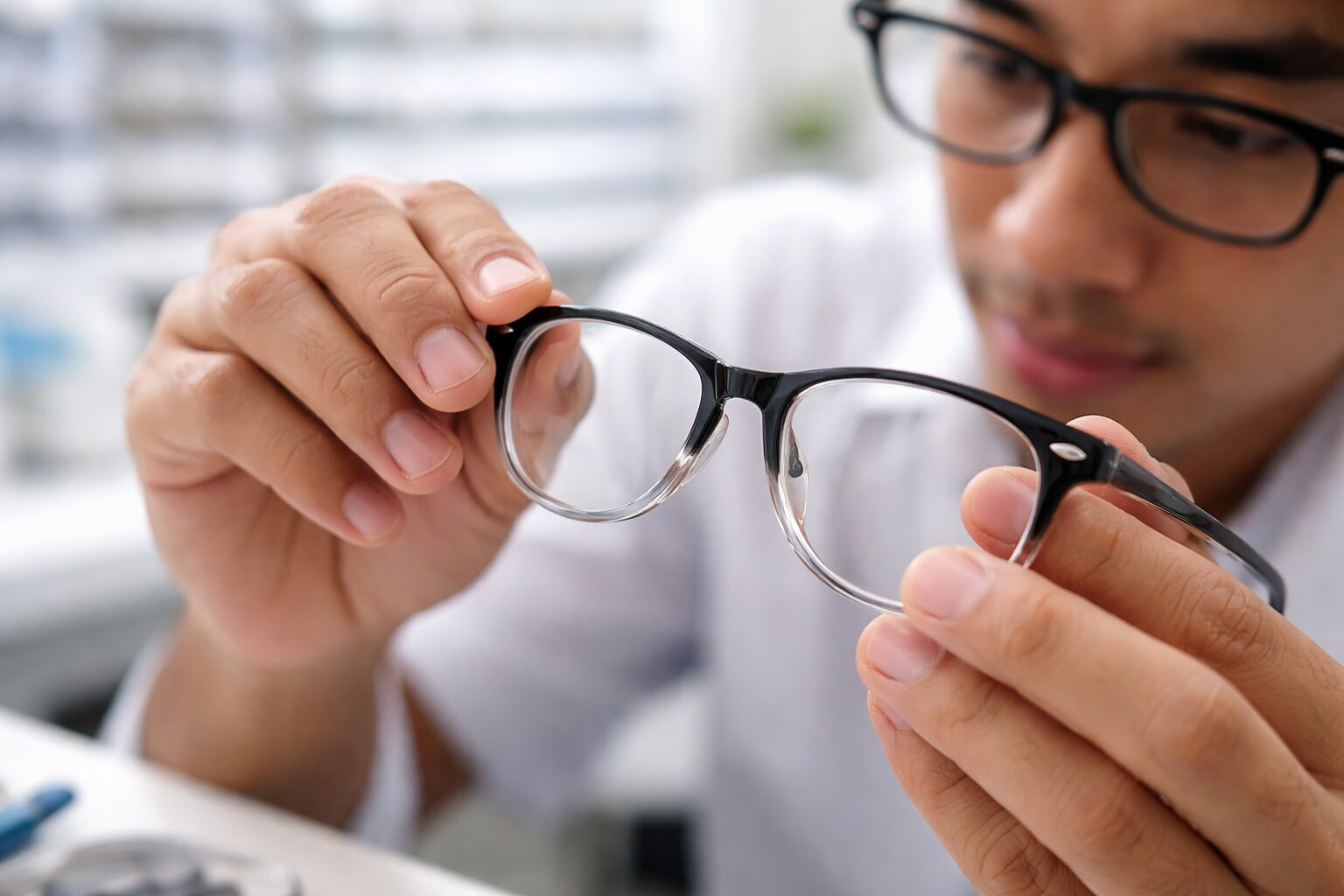 Teknisi optik Kacamata Malang sedang mengedukasi pelanggan tentang perbedaan lensa yang lapisan coatingnya rusak dengan lensa baru yang jernih