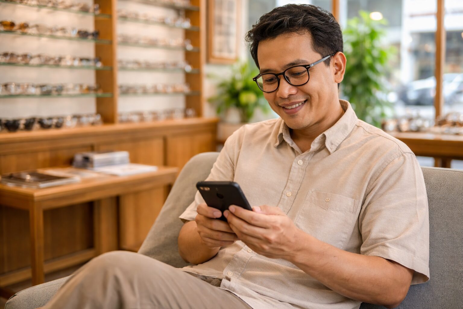 Pelanggan memegang smartphone dan merasa kelelahan mata akibat paparan layar gadget berlebih
