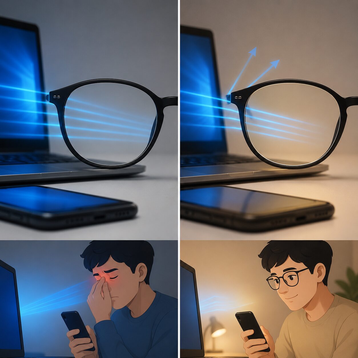 Seorang mahasiswa memakai kacamata anti radiasi sambil mengetik di depan laptop dengan nyaman tanpa merasa mata lelah