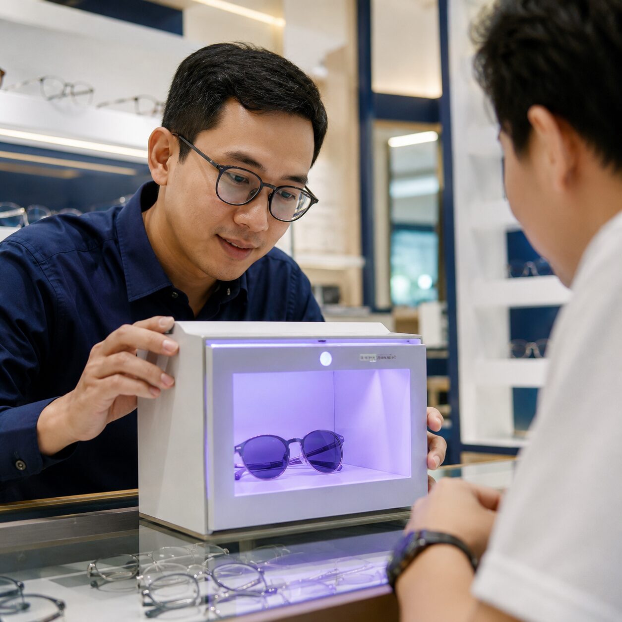 Teknisi Kacamata Malang menggunakan alat tes UV untuk mendemonstrasikan perubahan warna lensa photochromic